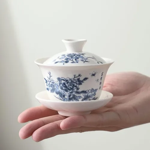 Vista 2 de White Porcelain Gaiwan, 120ml 4.0oz, Household Kung Fu Tea Set Chinese Style Ceramic Tea Bowl
