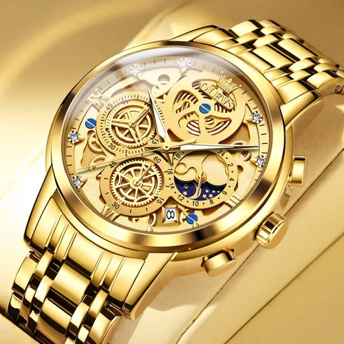 Vista 2 de OLEVS Reloj de pulsera para hombre, esqueleto de acero inoxidable, cronógrafo de cuarzo de lujo, impermeable, relojes luminosos para hombre