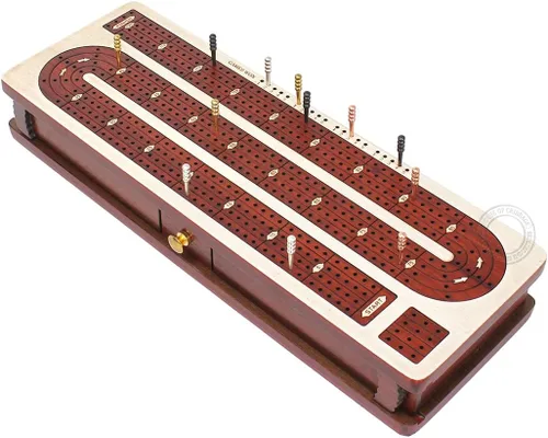 Vista 3 de House of Cribbage - Tabla de cuna continua con incrustaciones de madera de arce, madera de sangre, 4 pistas, espacio de almacenamiento separado