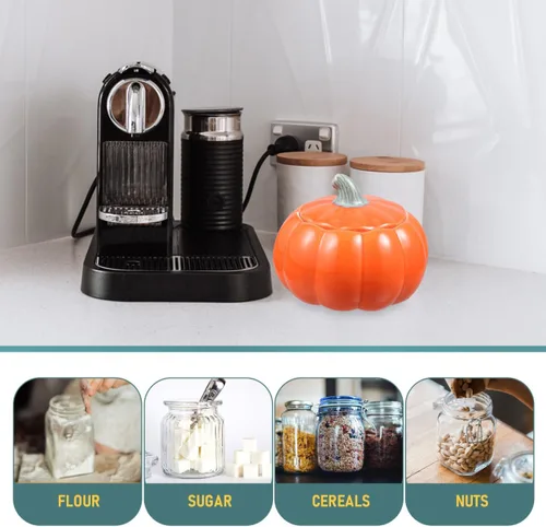 Vista 5 de Luxshiny Recipiente con forma de calabaza, tarro de almacenamiento de té, tarro de cerámica para dulces con tapa, contenedor de comida de calabaza