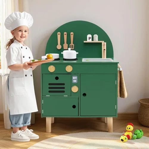 Vista 9 de Costzon Juego de cocina para niños, cocina con estufas, grifo, fregadero, microondas, gabinete, horno y accesorios de cocina, cocina de madera