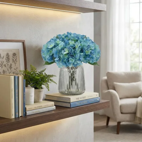 Vista 7 de 5 piezas de flores artificiales falsas, hortensias de seda, 1 arreglos de cabeza de flor, ramos de boda, decoración floral de plástico, centros