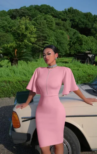 Vista 5 de Memoriesea - Vestido midi entallado con mangas cortas acampanadas con volantes para mujer