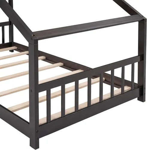 Vista 7 de Merax Camas Montessori de madera para niños con cabecero, marco de cama de suelo para niños y niñas, no necesita somier (individual, espresso)