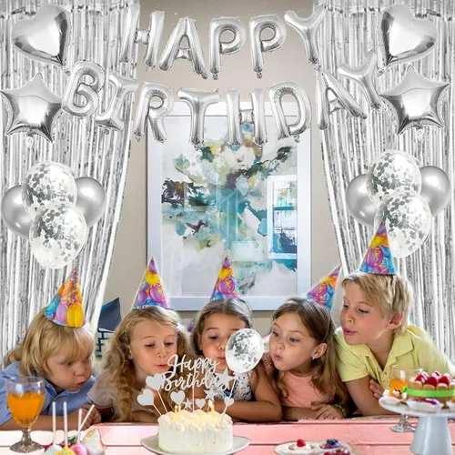 Vista 4 de Decoraciones de cumpleaños plateadas: pancarta de feliz cumpleaños de aluminio, mantel, cortinas de flecos, bandera de pastel, globos de estrella