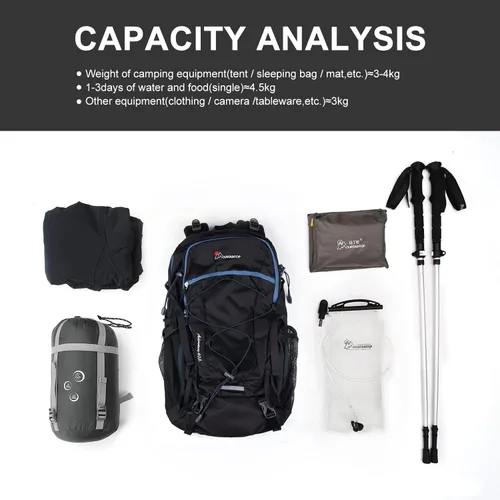 Vista 4 de MOUNTAINTOP Mochila de senderismo 40L, mochila ligera al aire libre Negro+Azul