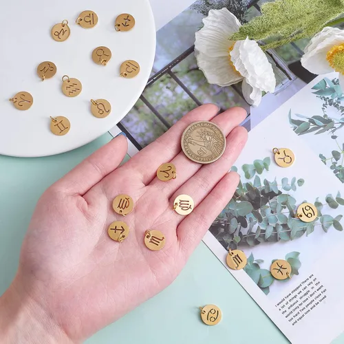 Vista 5 de 24 dijes de acero inoxidable del zodiaco, colgantes planos y redondos, constelaciones, dije de signo del zodiaco, dorado, para joyería, collares