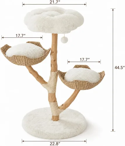 Vista 7 de Erinnyees Árbol para gatos de madera natural de 44.5 pulgadas con 2 camas