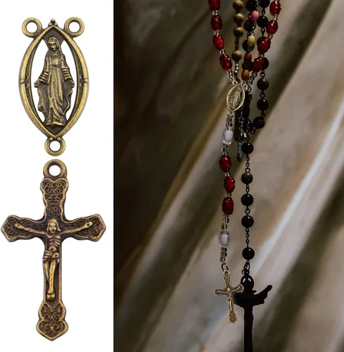 Vista 5 de 40 piezas de rosario de aleación tibetana con cruz y centro de María Milagrosa Medalla Jesús Crucifijo Crucifijo y eslabones ovalados de araña