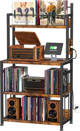 Vista 9 de Soporte para tocadiscos con toma de corriente, pantalla de vinilo y estante de almacenamiento, color negro