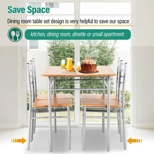 Vista 3 de Juego de mesa de comedor PayLessHere, mesa de madera y 4 sillas modernas con patas de metal, muebles rectangulares para el hogar