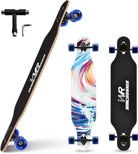 Vista 11 de Windrunner Patineta longboard Freeride de 41 pulgadas, Skateboard de 8 capas, arce natural, drop through, patineta completa para crucero