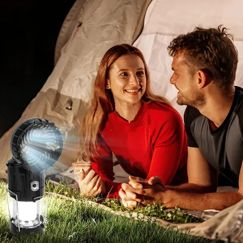 Vista 7 de Linterna Solar Portátil con Ventilador Recargable Actualizada 2025 - Linterna LED de Campamento Plegable y Liviana para Cortes de Energía, Linterna