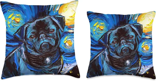 Vista 3 de Sagittarius Gallery Black Pug Starry Night Cute Little Dog Art by Aja Throw Pillow, 16 x 16 pulgadas, multicolor