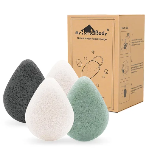 Vista 8 de myHomeBody Esponjas faciales naturales Konjac – forma de lágrima – para una limpieza y exfoliación facial suave – con carbón activado y aloe vera