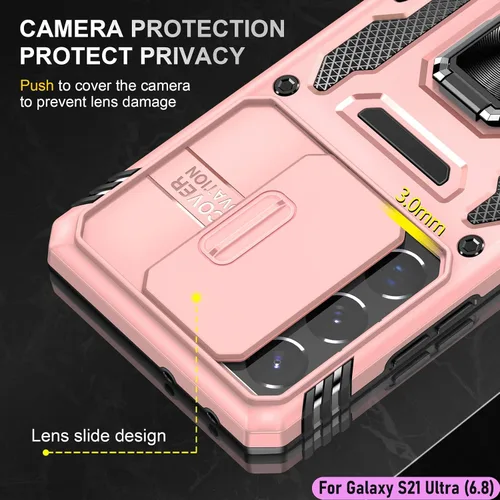 Vista 4 de Funda resistente para Samsung Galaxy S21 Ultra, protección híbrida de goma de doble capa de grado militar con protector de cámara deslizante