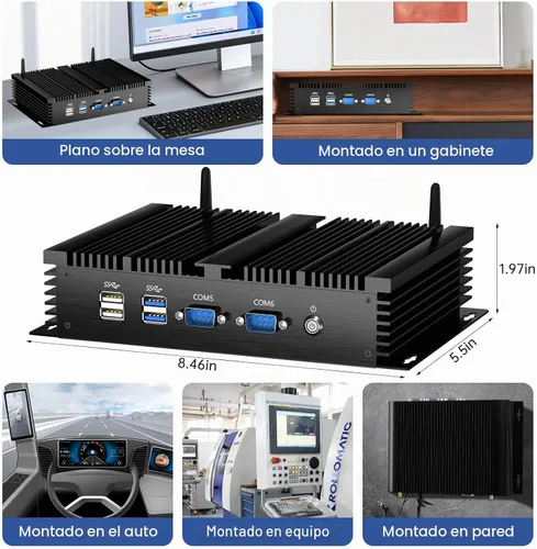 Vista 7 de Mini PC industrial, computadora de escritorio sin ventilador Celeron 2955U 1.4GHz, Windows 10 Pro, 8 GB de RAM, 128 GB SSD, 2xNIC, 6 x COM RS232, 4