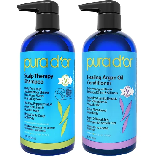 Vista 2 de PURA D'OR Juego de champú y acondicionador para terapia del cuero cabelludo (16 onzas líquidas x 2) + gel de baño corporal Awakening (16oz) con aloe