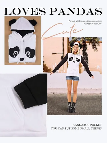 Vista 3 de ZXZY Sudaderas con capucha de manga larga con estampado de panda de mezcla de algodón para mujer, Blanco