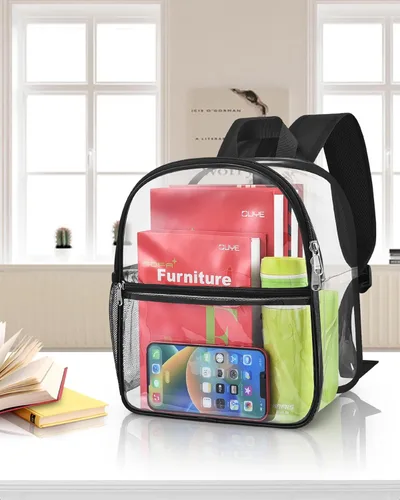 Vista 7 de Mini mochila transparente aprobada para estadios con correa ajustable, impermeable, transparente, PVC para trabajo, viajes, conciertos, playa