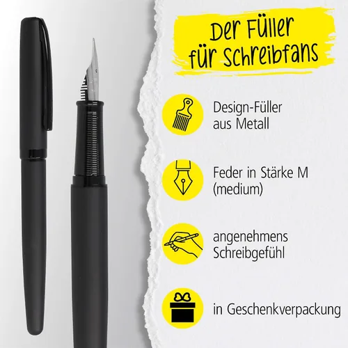Vista 2 de Online Eleganza Fountain Pen, Metal, Pure Black Design, Nib Size M, Metal Clip, Includes Blue Ink Cartridge, Black Fountain Pen for Standard Ink