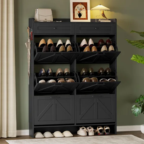 Vista 15 de BORNOON Gabinete de Almacenamiento de Zapatos para Entrada, Gabinete Estrecho de Zapatos Estilo Granja con 2 Cajones Abatibles y Cajones Superiores