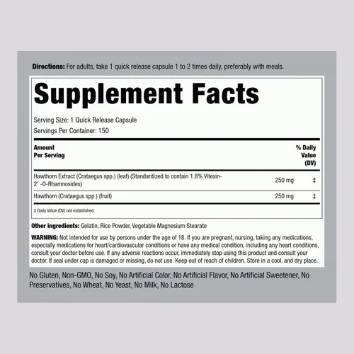Vista 2 de Piping Rock Cápsulas de bayas de espino 250 mg 150 píldoras Suplemento de extracto de hierbas Sin OMG, sin gluten
