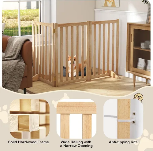 Vista 4 de Puerta independiente para mascotas de 30 pulgadas de altura, valla de seguridad plegable de madera maciza con 2 pies de soporte, ideal para Roble