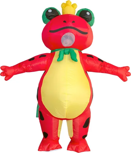 Vista 2 de JYZCOS Disfraz inflable de príncipe de rana con corona para adultos, lindo y divertido animal de Halloween, traje inflable para fiesta de cosplay