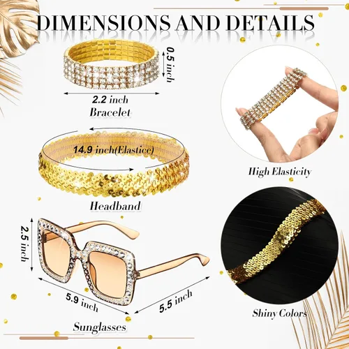 Vista 4 de 5 piezas de accesorios de discoteca de los años 70 para mujer, joyería de disfraz, aretes de discoteca, bufanda, gafas de sol, pulsera de diamantes