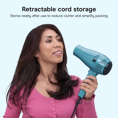 Vista 5 de Secador de pelo iónico Conair de 1875 W con mango plegable y guardacables, Azul Cable retráctil con mango plegable de doble voltaje de 1875 W
