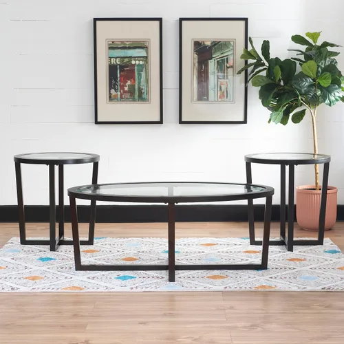 Vista 2 de Powell Marta Umber - Juego de mesa auxiliar y mesa auxiliar de madera marrón con tapa de cristal templado