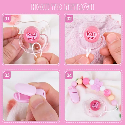 Vista 5 de Aori Clips para Chupetes para Muñecas Rebron de Bebé, Soportes de Silicona con Chupete Magnético - Rosa