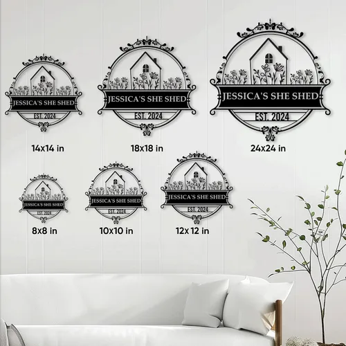Vista 4 de Letrero de metal personalizado con texto en inglés "She Shed", decoración de pared con nombre personalizado para jardín, patio, porche, valla