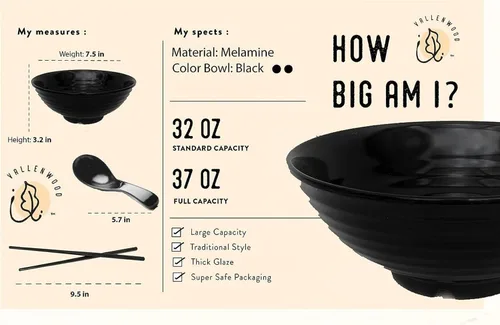 Vista 3 de Juego de 4 cuencos de ramen, 12 piezas Pho. Sopa japonesa asiática negra. Utensilio: cucharas y palillos. Melamina. Fideos grandes de 37 oz, arroz