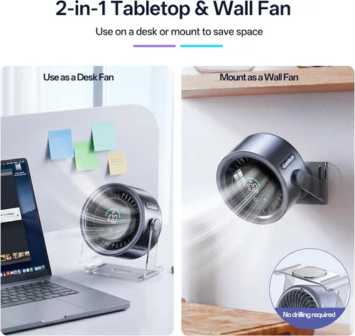 Vista 4 de Ventilador de escritorio USB para dormitorio: Pantalla digital de 100 velocidades, ventilador portátil silencioso con flujo de aire turbo, rotación