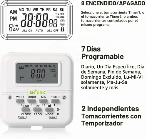 Vista 3 de BN-LINK Temporizador de luz digital para interiores, enchufe programable de 7 días con 2 salidas independientes de 3 clavijas, para lámparas