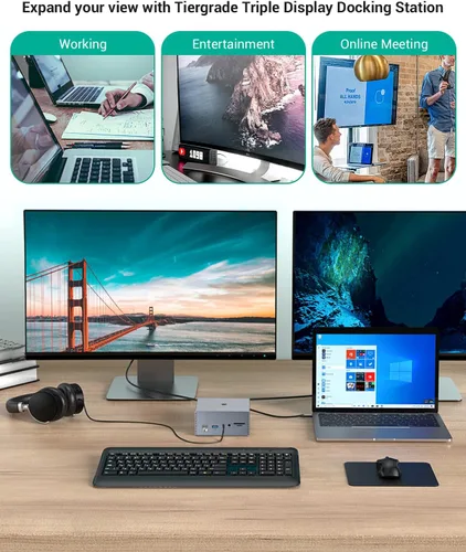 Vista 2 de Estación de acoplamiento USB-C con HDMI y DP 4K duales, 6 puertos USB, ranuras para tarjetas SD/TF, carga USB-C PD de 60 W, pantalla triple