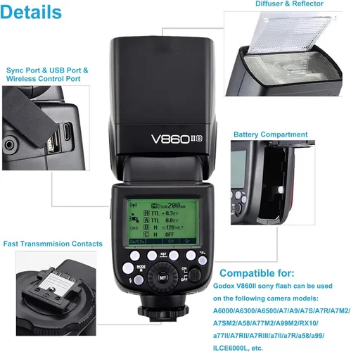 Vista 3 de Godox Flash TTL V860II-S para Sony, GN60 2.4G Speedlite para Sony HSS 1/8000s, batería de iones de litio de 2000 mAh, aproximadamente 650 destellos