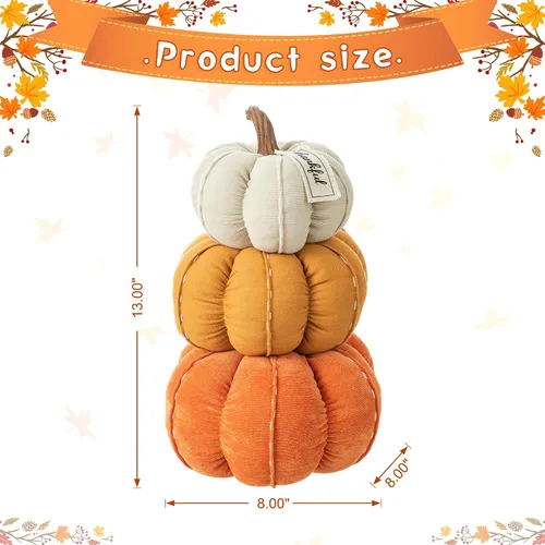 Vista 2 de Glitzhome Decoración de calabazas artificiales de otoño, calabazas de tela apilada, decoración del hogar, decoración de bandeja interior de otoño