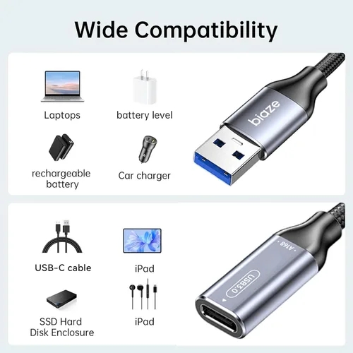 Vista 4 de Adaptador USB C hembra a USB macho, adaptador de cable USB A a USB C con transferencia de datos de 10 Gbps y carga para laptop, PC, disco flash