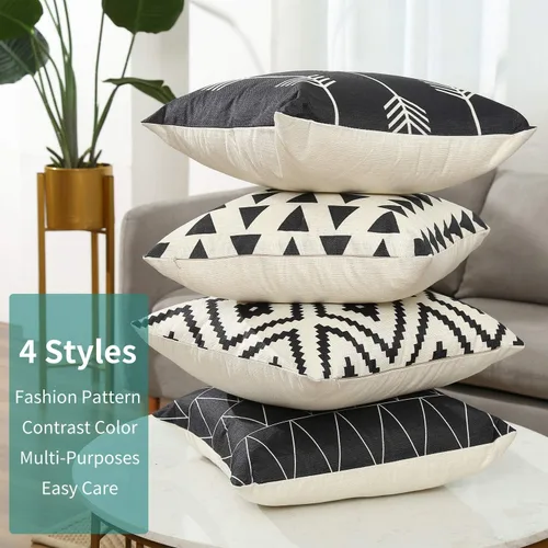 Vista 2 de Tosewever Juego de 4 fundas de almohada decorativas geométricas de 16 x 16 pulgadas, funda de cojín cuadrada de lino con patrón moderno para sofá