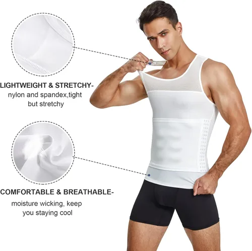 Vista 3 de MOLUTAN Camisas de compresión para hombre, faja moldeadora de pecho, control de abdomen, moldeador de cuerpo, camiseta interior adelgazante, chaleco