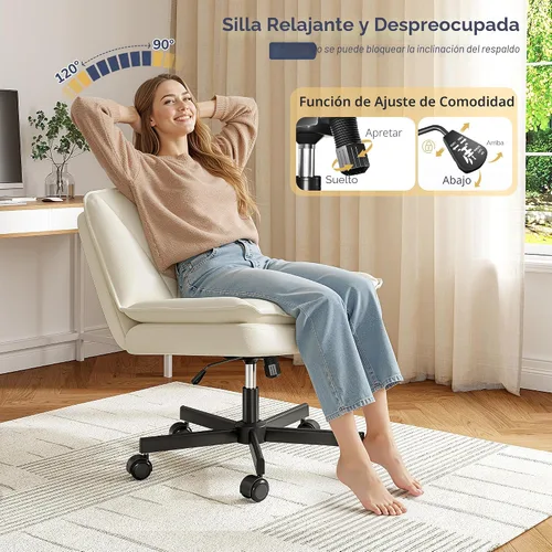 Vista 3 de DurayLoly Silla Criss Cross con Ruedas, Silla de Oficina con Patas Cruzadas con 2 Capas de Cuero Comfty & Back, Silla de Tocador Ancha sin Brazos