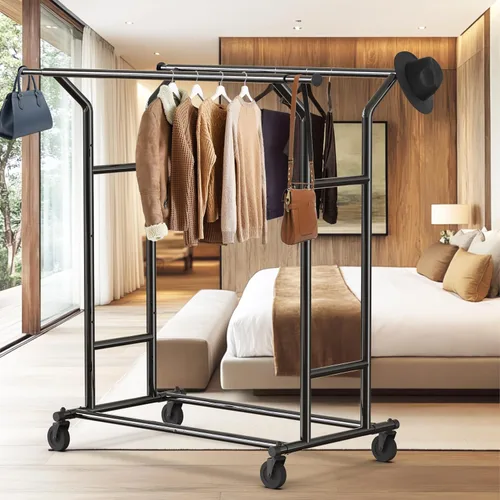 Vista 2 de Simple Houseware - Perchero de ropa de doble riel resistente, color negro, con capacidad de hasta 200 lbs, varilla extensible de 43 a 67 pulgadas
