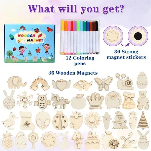Vista 2 de Imán de madera DIY 36 suministros de manualidades kit de pintura para niños