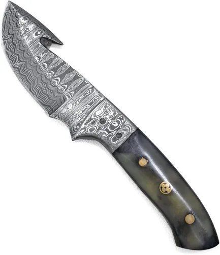 Vista 5 de Titan International Knives Gancho de tripa de Damasco para desollar y cazar hoja fija Hecho a mano 1095 4340 mezcla de carbono machacado a mano