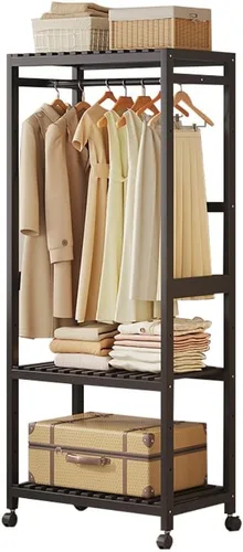 Vista 11 de Wooden Clothes Rail with Shelves,Bamboo Clothes Rack,Portable Open Wardrobe,Free Standing Clothes Rails for Bedroom,Garment Rack with 2 Storage