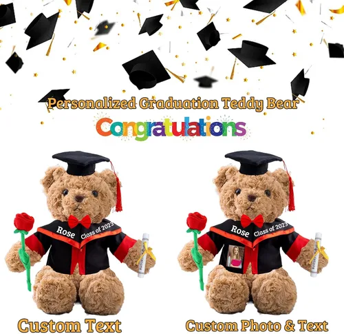 Vista 2 de Oso de peluche personalizado con foto + texto, oso de graduación con rosa + lazo como oso personalizado para el día de graduación 2023, regalo