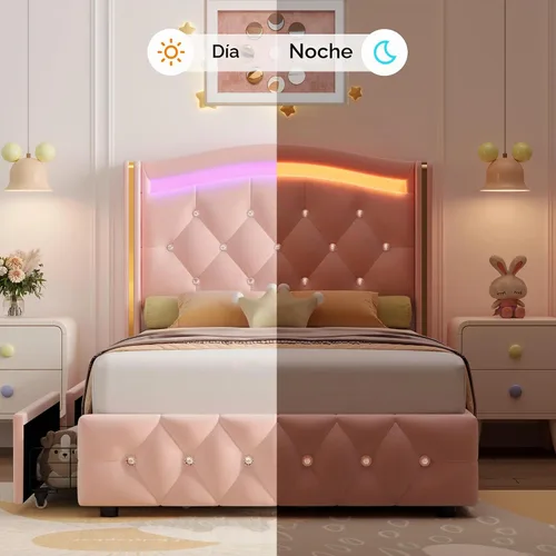 Vista 6 de Hifit Base de cama LED, tamaño individual, cabecera capitoné con botones de cristal, 4 cajones, moderna, piel sintética, de princesa, para niñas,